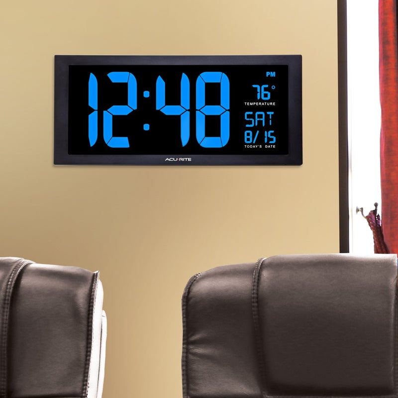 AcuRite 76100M Oversized LED Clock with Indoor Temperature, Date and Fold-Out Stand 18-Inch Blue - Image 4
